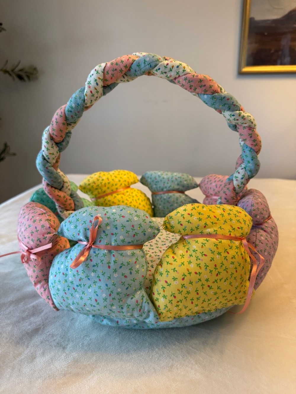 Handmade Patchwork Fabric Easter Basket - Pastel Pink, Yellow, Blue